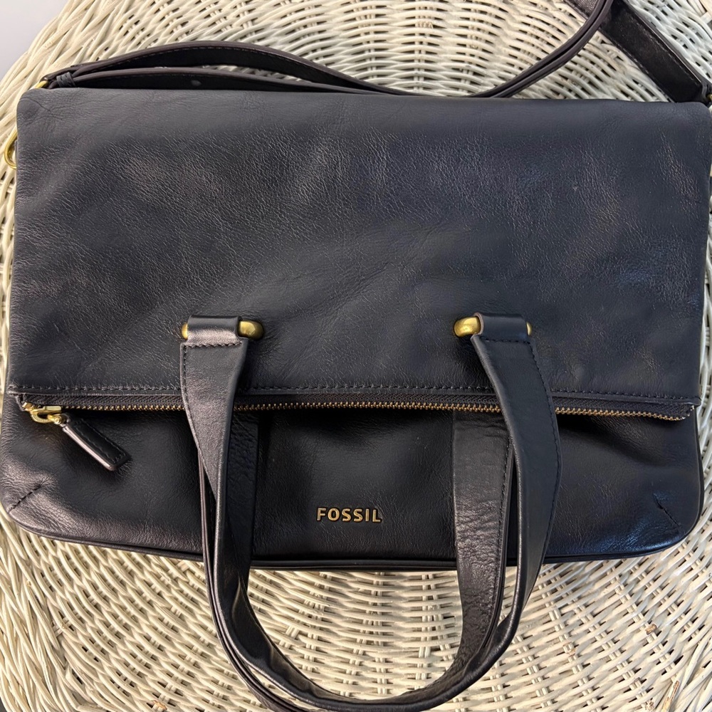 Fossil Black Leather Memoir Anthology Fold Over Tote Crossbody Bag - Picture 1 of 13